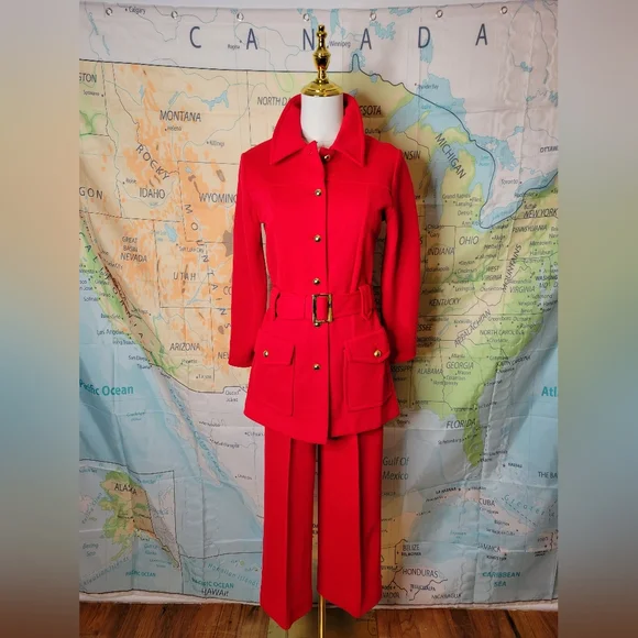 Vintage 1960s Sebastian Red Belted Jacket and Pant Suit With Gold Buttons Set - Picture 1 of 16